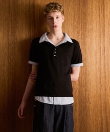 CAMPHOR WOOD | STRIPE SHIRT LAYERED LAME KNIT H/S SHIRTS / ストライプシャツドッキングラメニットポロシャツ(シャツ/ブラウス)