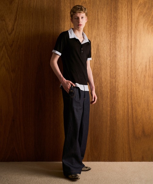 CAMPHOR WOOD(カンファーウッド)の「STRIPE SHIRT LAYERED LAME KNIT H/S SHIRTS / ストライプシャツドッキングラメニットポロシャツ(シャツ/ブラウス・メンズ・ホワイト/ブラック・MEDIUM/LARGE)」の5枚目の写真