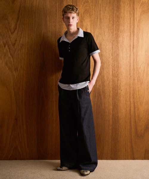 CAMPHOR WOOD(カンファーウッド)の「STRIPE SHIRT LAYERED LAME KNIT H/S SHIRTS / ストライプシャツドッキングラメニットポロシャツ(シャツ/ブラウス・メンズ・ホワイト/ブラック・MEDIUM/LARGE)」の4枚目の写真