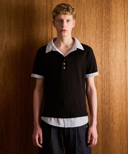 CAMPHOR WOOD(カンファーウッド)の「STRIPE SHIRT LAYERED LAME KNIT H/S SHIRTS / ストライプシャツドッキングラメニットポロシャツ(シャツ/ブラウス・メンズ・ホワイト/ブラック・MEDIUM/LARGE)」の9枚目の写真