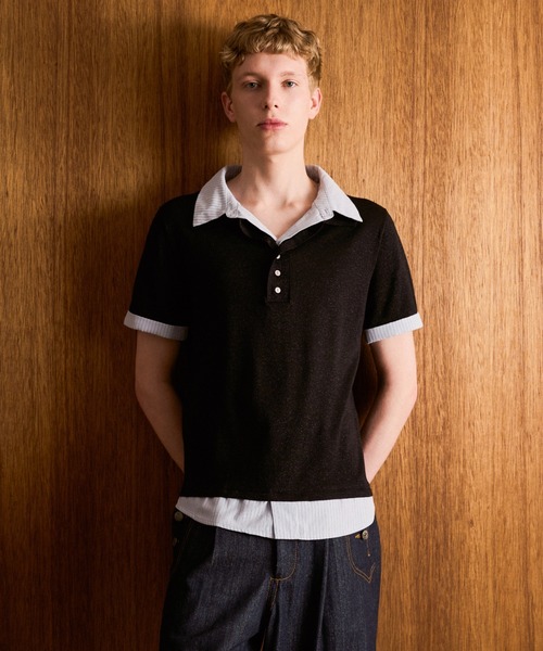 CAMPHOR WOOD(カンファーウッド)の「STRIPE SHIRT LAYERED LAME KNIT H/S SHIRTS / ストライプシャツドッキングラメニットポロシャツ(シャツ/ブラウス・メンズ・ホワイト/ブラック・MEDIUM/LARGE)」の11枚目の写真