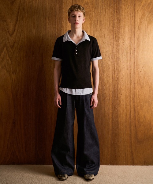 CAMPHOR WOOD(カンファーウッド)の「STRIPE SHIRT LAYERED LAME KNIT H/S SHIRTS / ストライプシャツドッキングラメニットポロシャツ(シャツ/ブラウス・メンズ・ホワイト/ブラック・MEDIUM/LARGE)」の3枚目の写真