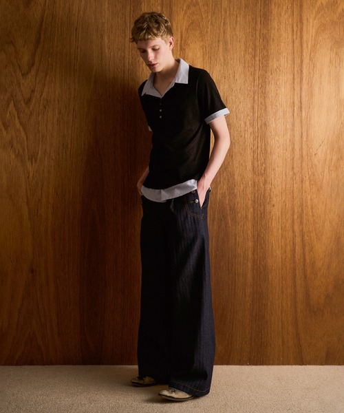 CAMPHOR WOOD(カンファーウッド)の「STRIPE SHIRT LAYERED LAME KNIT H/S SHIRTS / ストライプシャツドッキングラメニットポロシャツ(シャツ/ブラウス・メンズ・ホワイト/ブラック・MEDIUM/LARGE)」の6枚目の写真