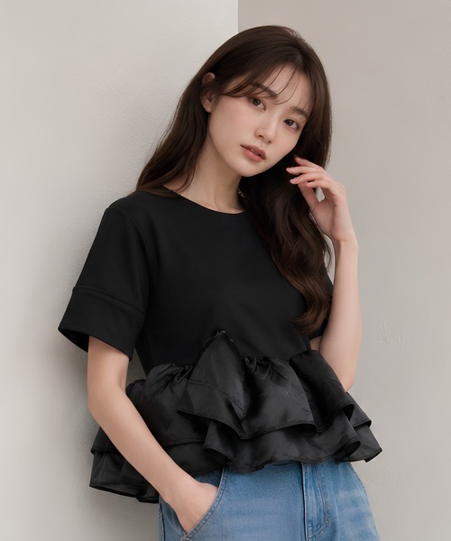 center i(センターアイ)の「オーガンジーフリルペプラム半袖カットソー(Tシャツ/カットソー・レディース・ホワイト/ブラック・FREE)」の2枚目の写真