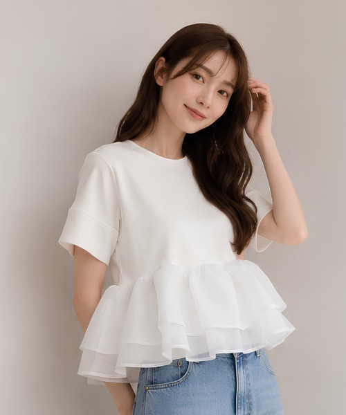 center i(センターアイ)の「オーガンジーフリルペプラム半袖カットソー(Tシャツ/カットソー・レディース・ホワイト/ブラック・FREE)」の3枚目の写真
