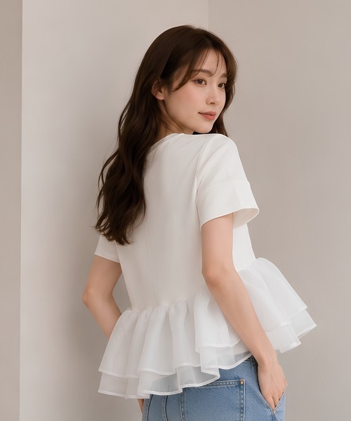 center i(センターアイ)の「オーガンジーフリルペプラム半袖カットソー(Tシャツ/カットソー・レディース・ホワイト/ブラック・FREE)」の5枚目の写真