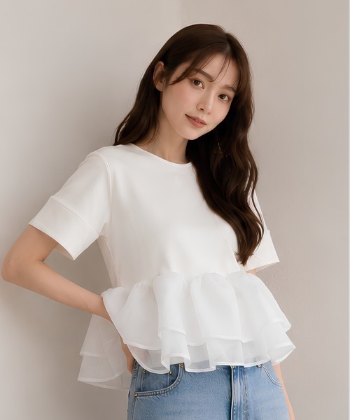 center i(センターアイ)の「オーガンジーフリルペプラム半袖カットソー(Tシャツ/カットソー・レディース・ホワイト/ブラック・FREE)」の4枚目の写真