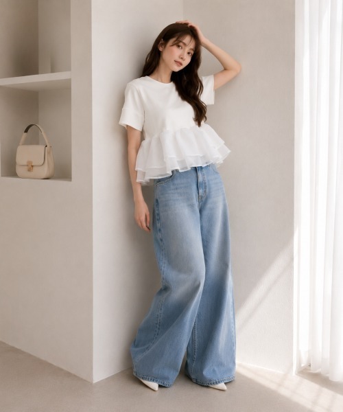 center i(センターアイ)の「オーガンジーフリルペプラム半袖カットソー(Tシャツ/カットソー・レディース・ホワイト/ブラック・FREE)」の6枚目の写真
