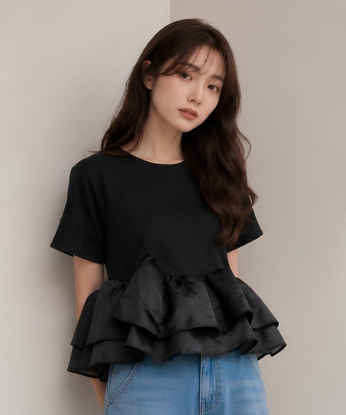 center i(センターアイ)の「オーガンジーフリルペプラム半袖カットソー(Tシャツ/カットソー・レディース・ホワイト/ブラック・FREE)」の7枚目の写真