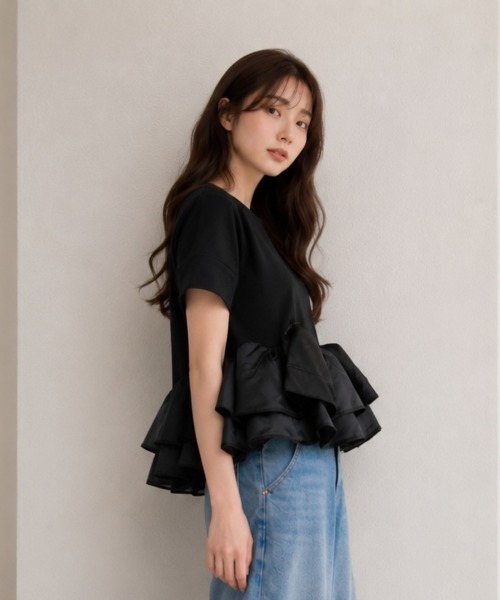 center i(センターアイ)の「オーガンジーフリルペプラム半袖カットソー(Tシャツ/カットソー・レディース・ホワイト/ブラック・FREE)」の8枚目の写真