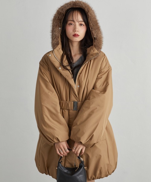 RANAN(ラナン)の「ミドル丈フードファー中わたダウンコート(ダウンジャケット/コート・レディース・ブラック/キャメル/ライトベージュ・L/LL/M)」の13枚目の写真