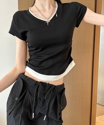 サイドシャーリング レイヤードライクVネックTシャツ