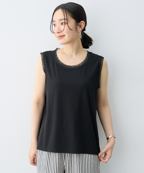 anyfee(エニフィー)の「【anyfee/大きいサイズ】シアーチュールトリミングノースリーブトップス(Tシャツ/カットソー・レディース・アイボリー/ブラック・5L/LL/3L/4L)」の1枚目の写真