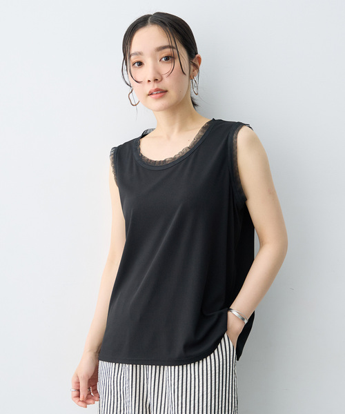 anyfee(エニフィー)の「【anyfee/大きいサイズ】シアーチュールトリミングノースリーブトップス(Tシャツ/カットソー・レディース・アイボリー/ブラック・5L/LL/3L/4L)」の7枚目の写真