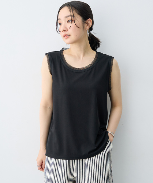 anyfee(エニフィー)の「【anyfee/大きいサイズ】シアーチュールトリミングノースリーブトップス(Tシャツ/カットソー・レディース・アイボリー/ブラック・5L/LL/3L/4L)」の3枚目の写真