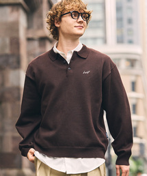 【HECT】Sweat-Like Oversized Knit Polo / スウェットライク ワンポイント刺繍 オーバーサイズ ニットポロ<静電防止・マシンウォッシャブル>