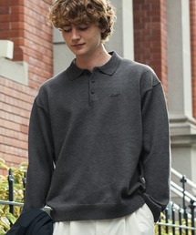 【HECT】Sweat-Like Oversized Knit Polo / スウェットライク ワンポイント刺繍 オーバーサイズ ニットポロ＜静電防止・マシンウォッシャブル＞