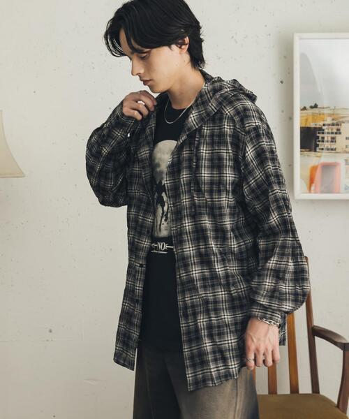 SENSE OF PLACE by URBAN RESEARCH(センスオブプレイスバイアーバンリサーチ)の「チェックシアーフーディーシャツ(シャツ/ブラウス・メンズ・ブラック/ネイビー/ブルー・MEDIUM/LARGE)」の10枚目の写真