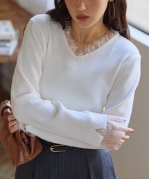 Vネックレースドッキングニット