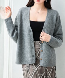 【2026AW】長袖 2way カーディガン Vネック ゴールドボタン 前開き ドロップショルダー 両サイドスリット ゆったり リブ切替 羽織り 体型カバー 上品 きれいめ カジュアル