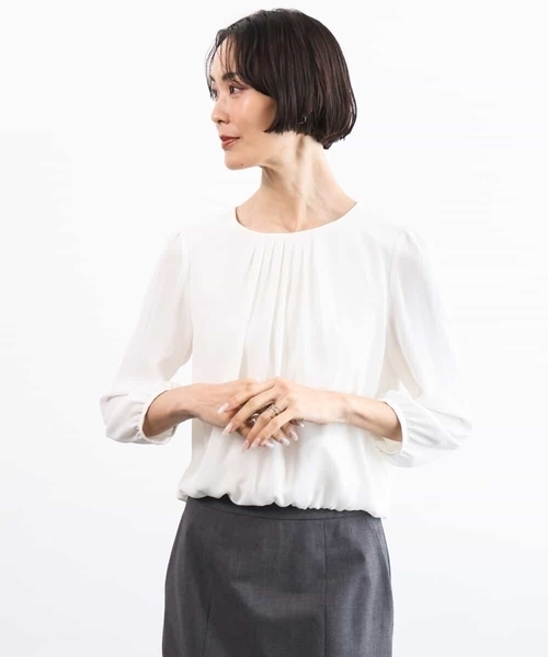 MICHEL KLEIN（ミッシェル・クラン）の「[通勤におすすめ]バルーンヘムブラウソー（シャツ/ブラウス・レディース・ホワイト/ライトグレー・38）」の2枚目の写真