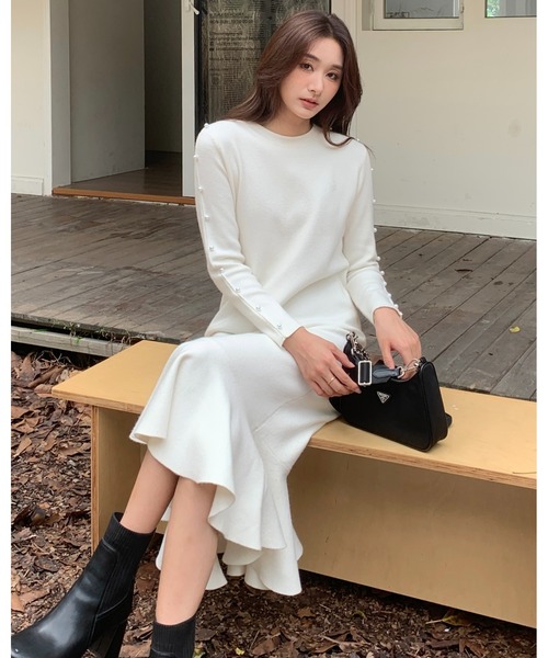 BIRTHDAY BASH（バースデイバッシュ）の「MIDI PEPLUM KNIT DRESS with PEARL（ミディぺプラムニットドレス）（ワンピース・レディース・ホワイト・M）」の9枚目の写真