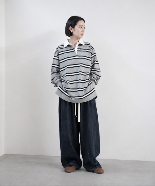 bashful base Oriental(バッシュフルベースオリエンタル)の「【bbO】マルチボーダーオーバーサイズポロ(Tシャツ/カットソー・レディース・ブラック/グレー/アイボリー・FREE)」の3枚目の写真