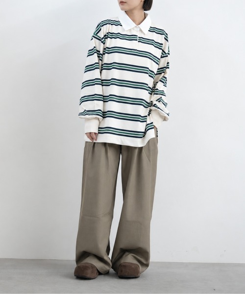 bashful base Oriental(バッシュフルベースオリエンタル)の「【bbO】マルチボーダーオーバーサイズポロ(Tシャツ/カットソー・レディース・ブラック/グレー/アイボリー・FREE)」の2枚目の写真