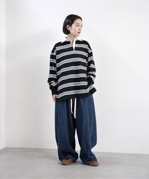 bashful base Oriental(バッシュフルベースオリエンタル)の「【bbO】マルチボーダーオーバーサイズポロ(Tシャツ/カットソー・レディース・ブラック/グレー/アイボリー・FREE)」の1枚目の写真