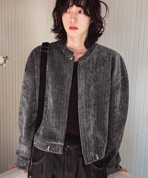 NOWLE（ノウル）の「【NOWLE】コーデュロイ ノーカラー ブルゾン / スナップボタン 裾ドローコード ジャケット（ノーカラージャケット・メンズ・ブラック/グレー・X-LARGE/LARGE/MEDIUM）」の3枚目の写真