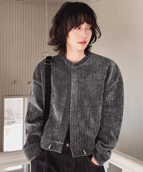 NOWLE（ノウル）の「【NOWLE】コーデュロイ ノーカラー ブルゾン / スナップボタン 裾ドローコード ジャケット（ノーカラージャケット・メンズ・ブラック/グレー・X-LARGE/LARGE/MEDIUM）」の4枚目の写真