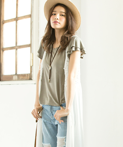 Re:EDIT（リエディ）の「とろみ生地袖フリルカットソートップス/とろみシャツ[Re:EDIT/リエディ][春夏新作][リエディオリジナル]（Tシャツ/カットソー・レディース・サンドベージュ/ホワイト/キャメル/ピンク/レッド/カーキオリーブ/ブラック/杢グレー/ブルー・MEDIUM）」の6枚目の写真