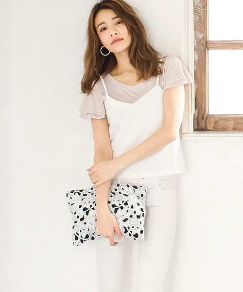 Re:EDIT（リエディ）の「とろみ生地袖フリルカットソートップス/とろみシャツ[Re:EDIT/リエディ][春夏新作][リエディオリジナル]（Tシャツ/カットソー・レディース・サンドベージュ/ホワイト/キャメル/ピンク/レッド/カーキオリーブ/ブラック/杢グレー/ブルー・MEDIUM）」の5枚目の写真