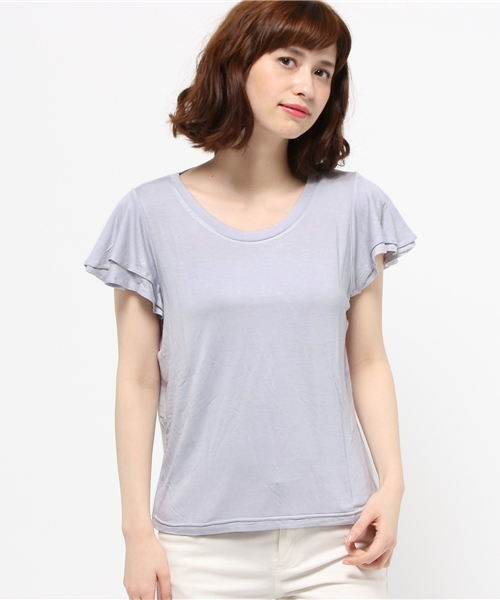 Re:EDIT（リエディ）の「とろみ生地袖フリルカットソートップス/とろみシャツ[Re:EDIT/リエディ][春夏新作][リエディオリジナル]（Tシャツ/カットソー・レディース・サンドベージュ/ホワイト/キャメル/ピンク/レッド/カーキオリーブ/ブラック/杢グレー/ブルー・MEDIUM）」の18枚目の写真