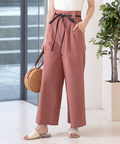 KOBE LETTUCE（コウベレタス）の「合皮リボンベルト付きリネン調ワイドパンツ【セットアップOK】（その他パンツ・レディース・ベージュ/カーキ/モカ/レッド系その他・FREE）」の4枚目の写真