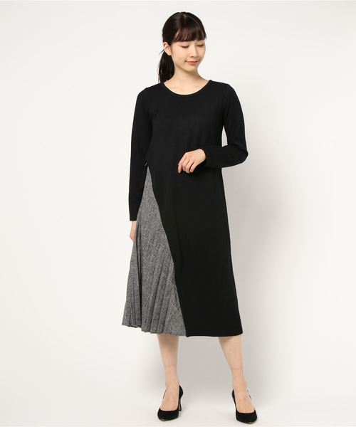 STYLEBLOCK(スタイルブロック)の「サイドチェック柄プリーツニットワンピース(ワンピース・レディース・ブラック/ベージュ/ブラウン・M)」の6枚目の写真