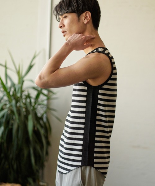 CAMBIO（カンビオ）の「mta436-サイドカラー切り替えワッフルタンクトップ（タンクトップ・メンズ・ホワイト/ブラック/ホワイト×ブラック・S/M/L）」の3枚目の写真