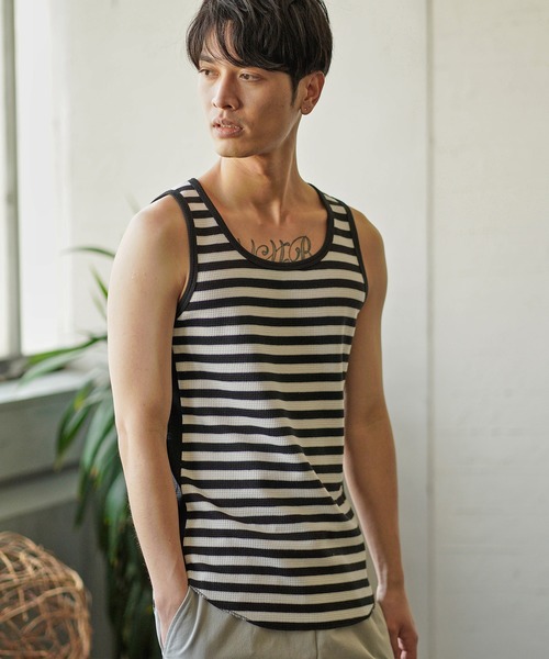 CAMBIO（カンビオ）の「mta436-サイドカラー切り替えワッフルタンクトップ（タンクトップ・メンズ・ホワイト/ブラック/ホワイト×ブラック・S/M/L）」の11枚目の写真