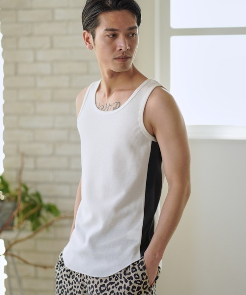 CAMBIO（カンビオ）の「mta436-サイドカラー切り替えワッフルタンクトップ（タンクトップ・メンズ・ホワイト/ブラック/ホワイト×ブラック・S/M/L）」の9枚目の写真