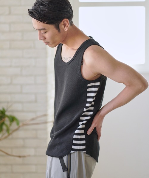 CAMBIO（カンビオ）の「mta436-サイドカラー切り替えワッフルタンクトップ（タンクトップ・メンズ・ホワイト/ブラック/ホワイト×ブラック・S/M/L）」の15枚目の写真
