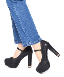 Mafmof（マフモフ）の「Mafmof(マフモフ) チェーン付きヒールストーム入り厚底ヒール パンプス（パンプス）」