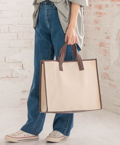 KOBE LETTUCE（コウベレタス）の「エコレザーパイピングビッグキャンバストートバッグ（トートバッグ・レディース・ブラック/ブラウン/ライトグレー/その他・FREE）」の3枚目の写真