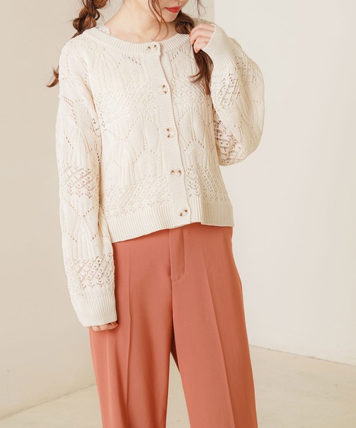 Newlyme（ニューリーミー）の「2WAYクルーネック透かし編みカーディガン（カーディガン/ボレロ・レディース・ブラック/アイボリー/ベージュ/ブラウン/ミント・XX-LARGE/X-LARGE/MEDIUM/LARGE）」の12枚目の写真