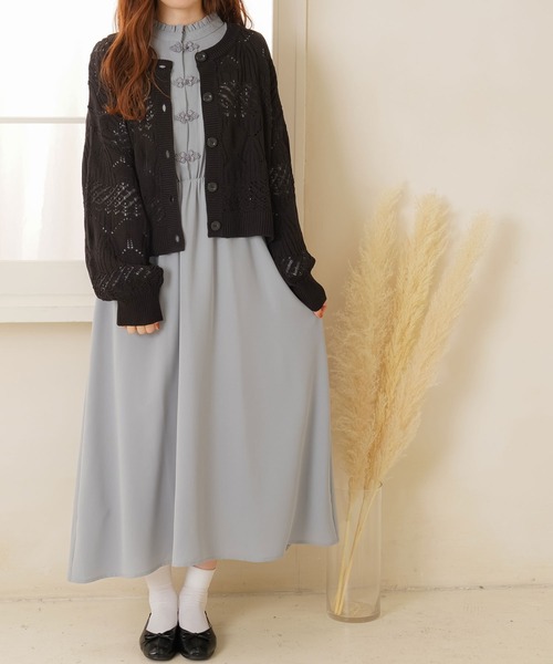 Newlyme（ニューリーミー）の「2WAYクルーネック透かし編みカーディガン（カーディガン/ボレロ・レディース・ブラック/アイボリー/ベージュ/ブラウン/ミント・XX-LARGE/X-LARGE/MEDIUM/LARGE）」の7枚目の写真