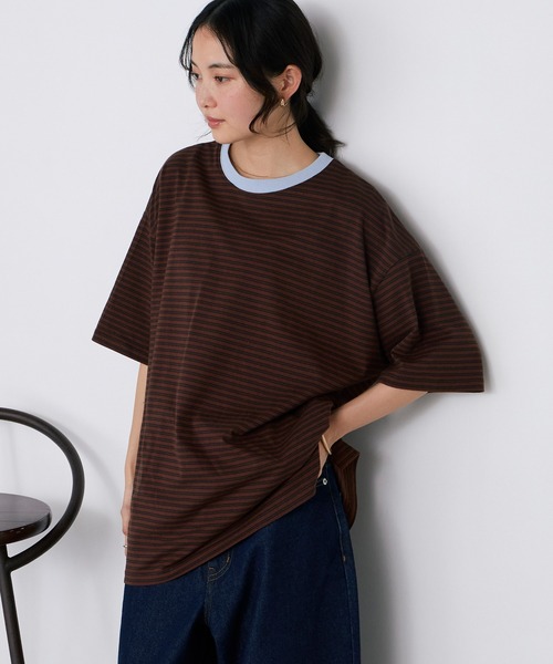 forksy.（フォルクシー）の「【forksy.】半袖配色リブオーバーサイズボーダーカットソー/マルチボーダー（Tシャツ/カットソー・レディース・ブラック/ダークブラウン/パープル/ネイビー/ピンク/グリーン/ライトグリーン/アイボリー/ホワイト×ブラック/ブラウン系その他/グリーン系その他/ケリーグリーン/ロイヤルブルー/ワイン/キナリ/オレンジ/レッド/ネイビー系/ネイビー系2/ブラック系その他/ベージュ/ネイビー系3/ピンク系/ライトブルー/グレー系/ダークブラウン系2・FREE）」の9枚目の写真