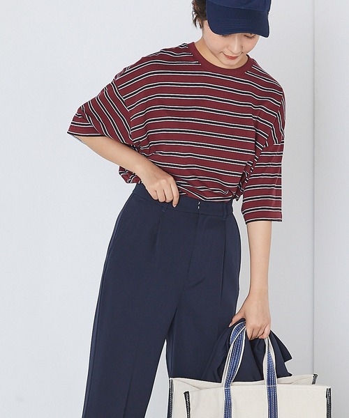 forksy.（フォルクシー）の「【forksy.】半袖配色リブオーバーサイズボーダーカットソー/マルチボーダー（Tシャツ/カットソー・レディース・ブラック/ダークブラウン/パープル/ネイビー/ピンク/グリーン/ライトグリーン/アイボリー/ホワイト×ブラック/ブラウン系その他/グリーン系その他/ケリーグリーン/ロイヤルブルー/ワイン/キナリ/オレンジ/レッド/ネイビー系/ネイビー系2/ブラック系その他/ベージュ/ネイビー系3・FREE）」の21枚目の写真