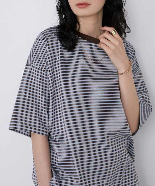 forksy.（フォルクシー）の「【forksy.】半袖配色リブオーバーサイズボーダーカットソー/マルチボーダー（Tシャツ/カットソー・レディース・ブラック/ダークブラウン/パープル/ネイビー/ピンク/グリーン/ライトグリーン/アイボリー/ホワイト×ブラック/ブラウン系その他/グリーン系その他/ケリーグリーン/ロイヤルブルー/ワイン/キナリ/オレンジ/レッド/ネイビー系/ネイビー系2/ブラック系その他/ベージュ/ネイビー系3/ピンク系/ライトブルー/グレー系/ダークブラウン系2・FREE）」の15枚目の写真