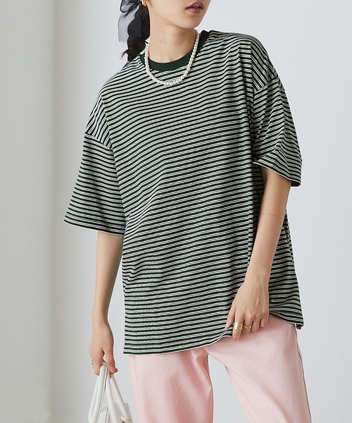 フリンジボーダー 半袖ブラウス forksy.】半袖配色リブオーバーサイズボーダーカットソー/マルチ