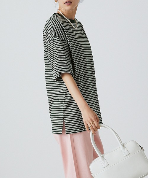 forksy.】半袖配色リブオーバーサイズボーダーカットソー/マルチ