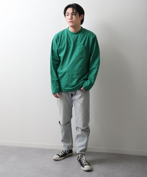 ZIP FIVE(ジップファイブ)の「【NanoTec】ビッグシルエットヘビーウェイトポケット付き長袖ロングTシャツ /防臭/消臭/抗菌(Tシャツ/カットソー・メンズ・チャコール/パープル系/オフホワイト/ブルーグレー/レッド系/ベージュ/グリーン・MEDIUM/LARGE/X-LARGE)」の8枚目の写真